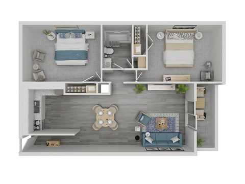 A top-down view of a small apartment with a bed, a couch, a kitchenette, and a living area.